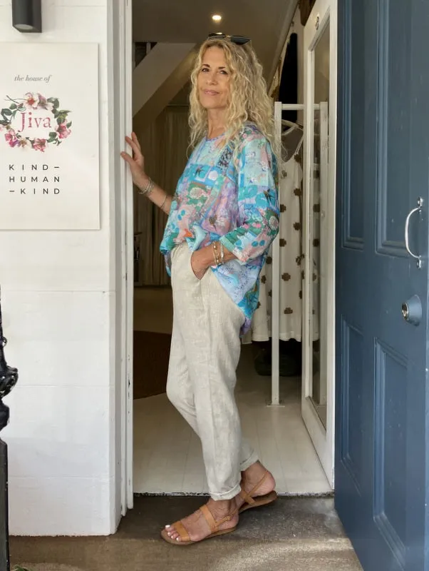Jiva Maria Shirt - Blue Patchwork Print - Ramie