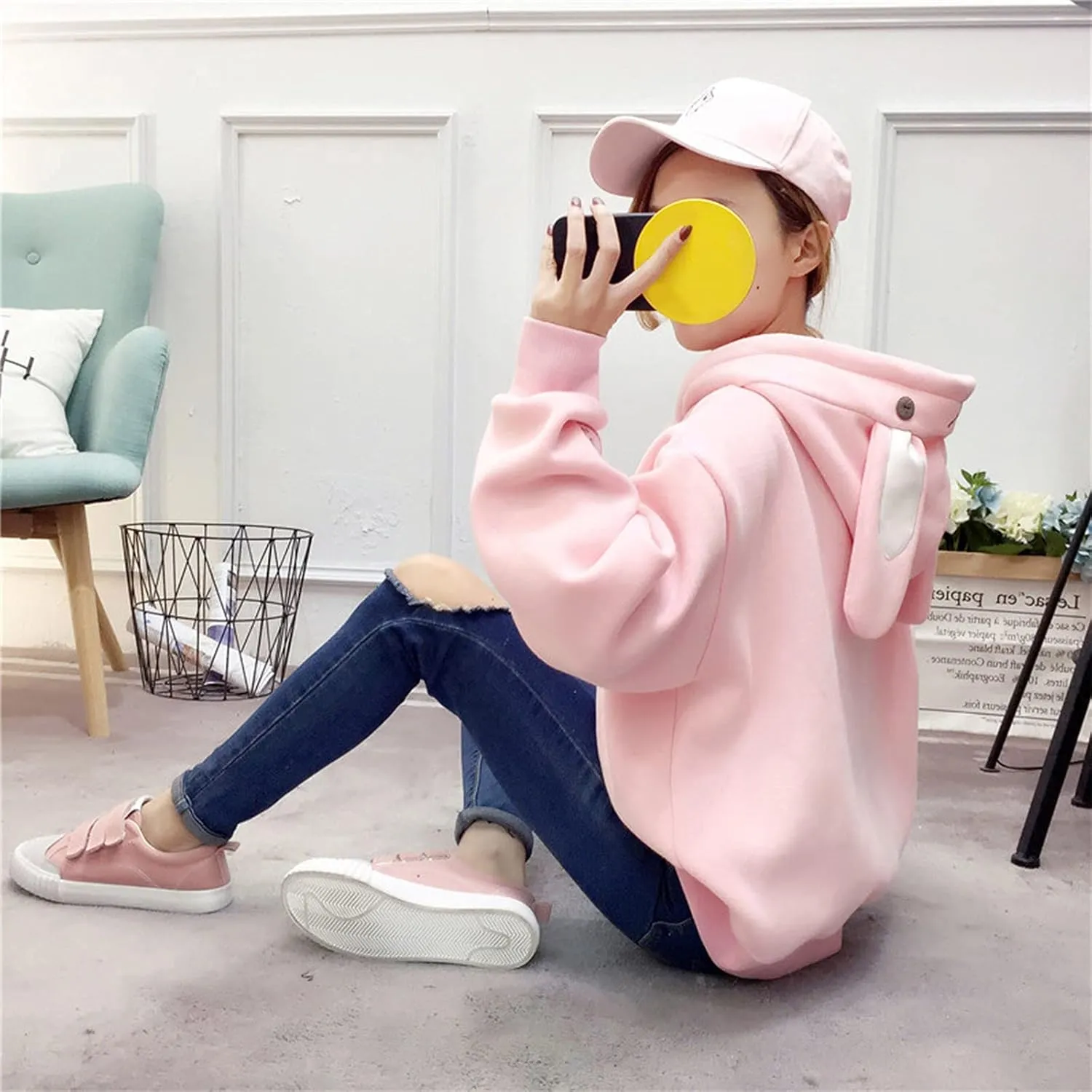 LCMTWX Women Cute Bunny Ear Long Sleeve Rabbit Tops Sweatshirt Hoodie Jacket Coats Oversized Pullover Y2k Clothes