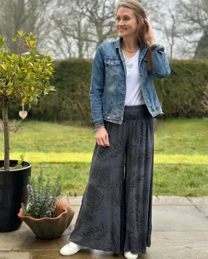 Leaf Pattern Palazzo Trousers - Dark Grey