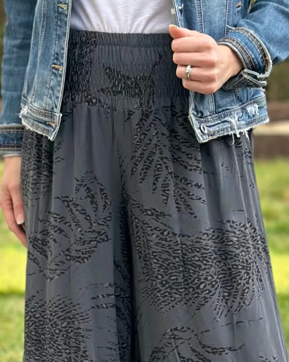 Leaf Pattern Palazzo Trousers - Dark Grey