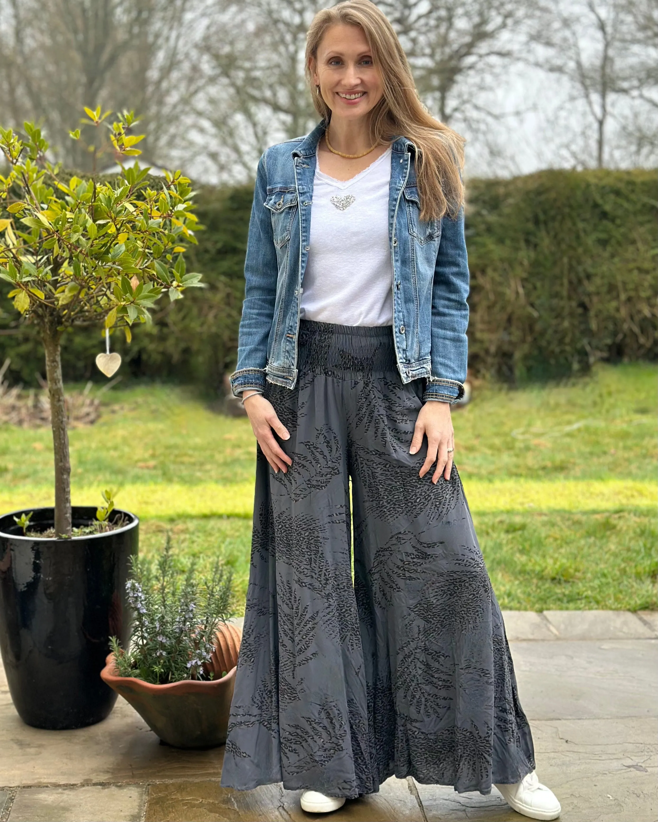 Leaf Pattern Palazzo Trousers - Dark Grey
