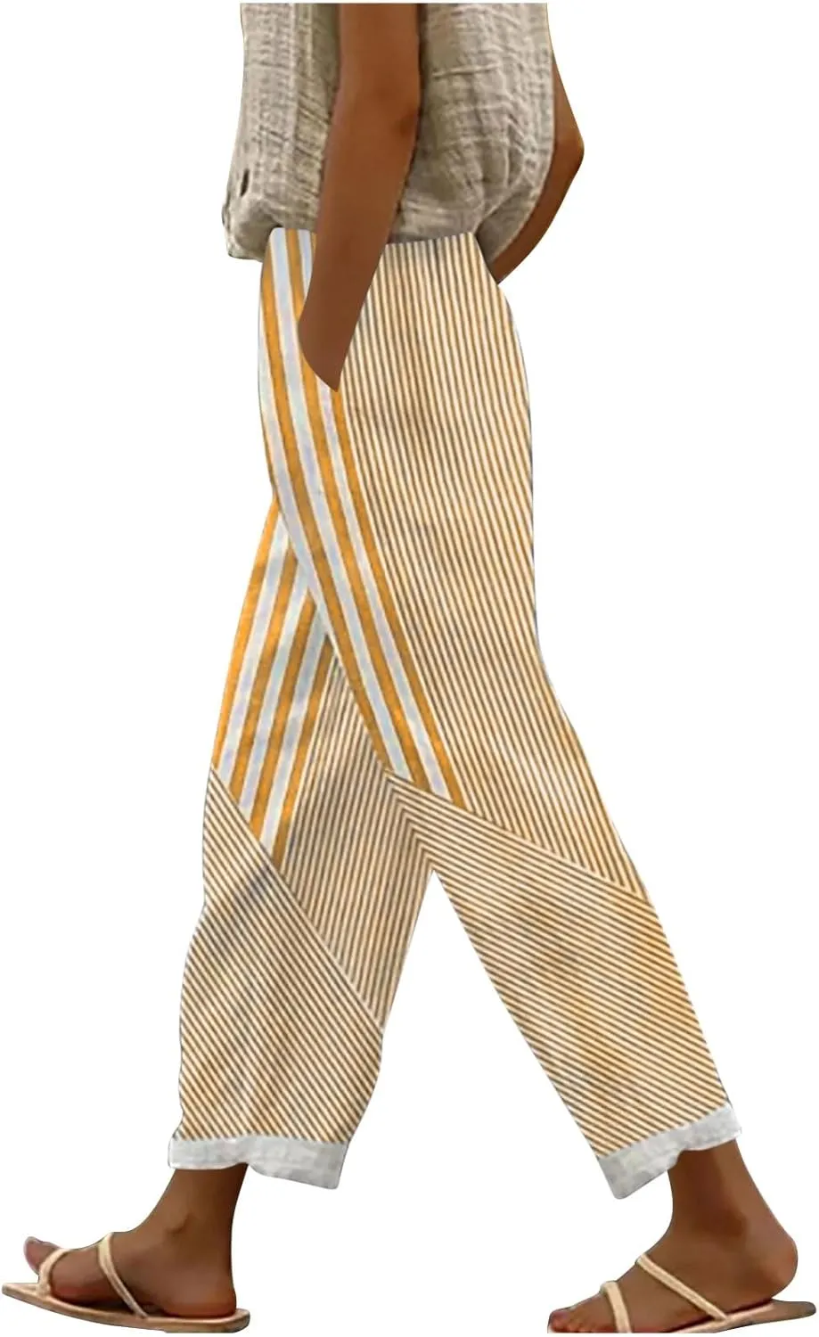 Lmdudan Linen Pants for Women Dressy Casual Striped Color Block Trousers Summer Elastic Waist Loose Sweatpants with Pockets