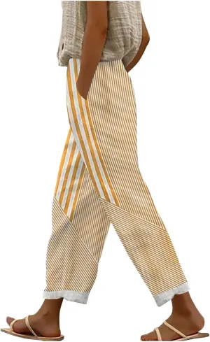 Lmdudan Linen Pants for Women Dressy Casual Striped Color Block Trousers Summer Elastic Waist Loose Sweatpants with Pockets