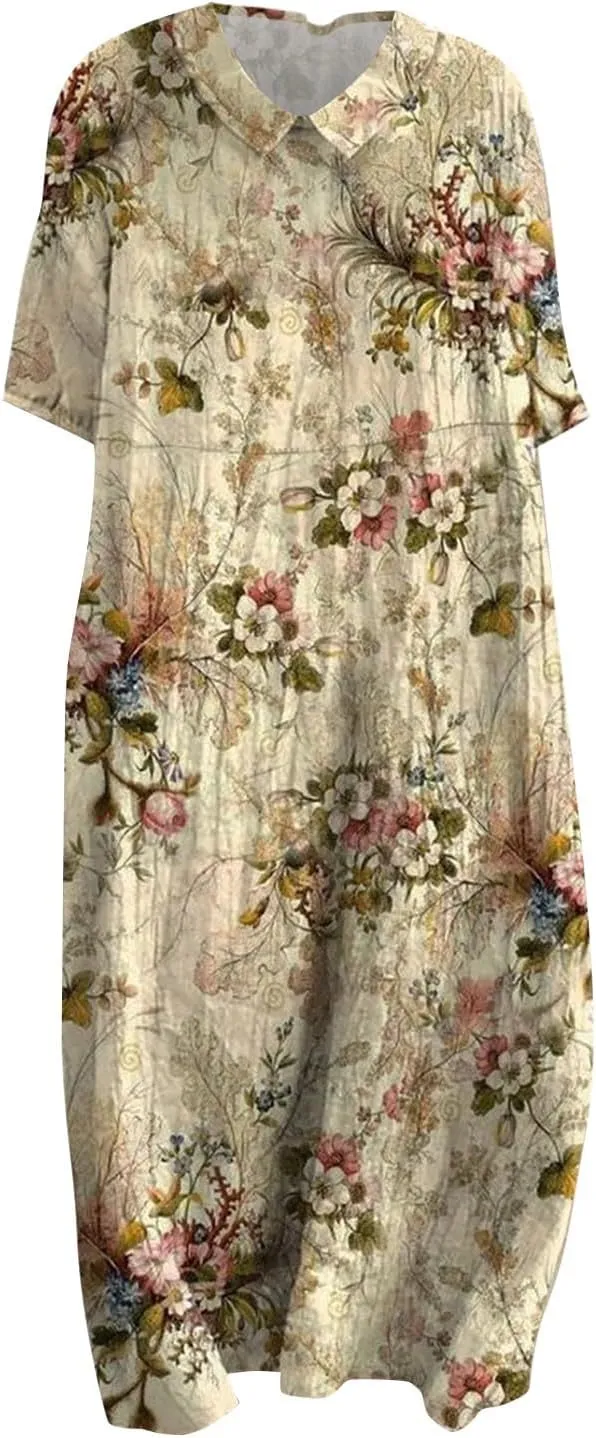 Loose Dress for Women, Retro Cute Printed Summer Sundress with Pockets Cotton Linen Plus Size Beach Casual Outfits