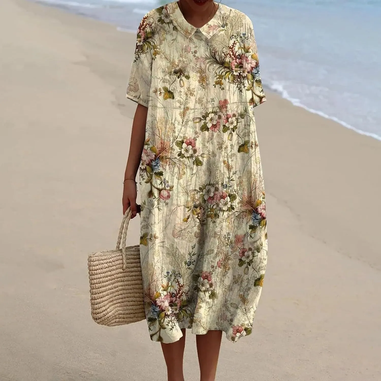 Loose Dress for Women, Retro Cute Printed Summer Sundress with Pockets Cotton Linen Plus Size Beach Casual Outfits