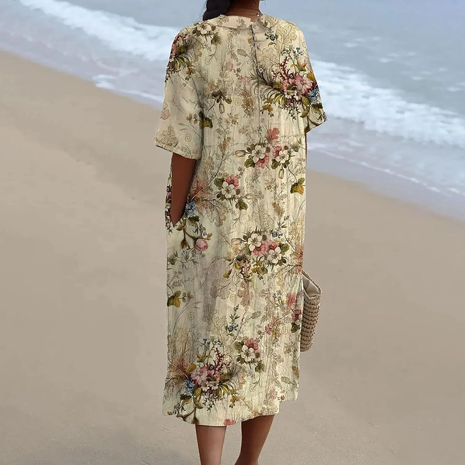Loose Dress for Women, Retro Cute Printed Summer Sundress with Pockets Cotton Linen Plus Size Beach Casual Outfits