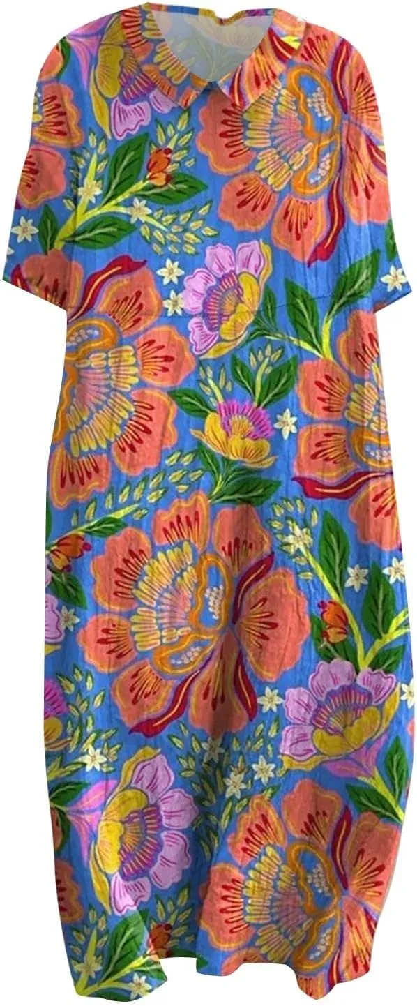 Loose Dress for Women, Retro Cute Printed Summer Sundress with Pockets Cotton Linen Plus Size Beach Casual Outfits