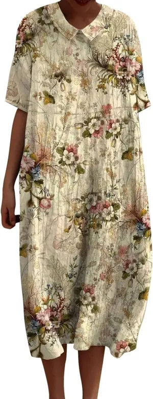 Loose Dress for Women, Retro Cute Printed Summer Sundress with Pockets Cotton Linen Plus Size Beach Casual Outfits