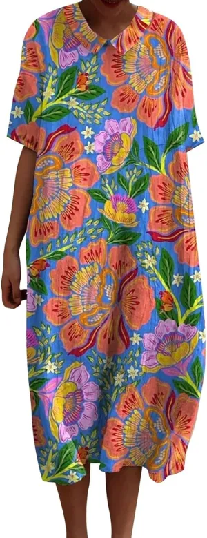 Loose Dress for Women, Retro Cute Printed Summer Sundress with Pockets Cotton Linen Plus Size Beach Casual Outfits