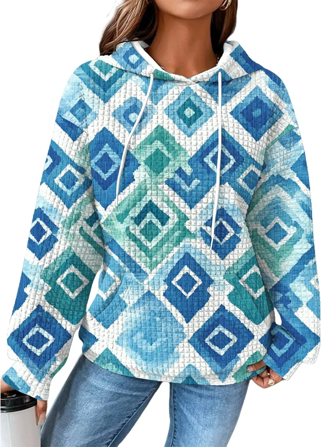 MARSVOVO Fall Womens Hoodies Pullover Oversized Drawstring Waffle Hooded Sweatshirt Casual Soft Ethnic Graphic Hoodie