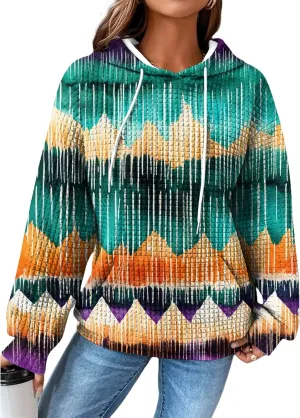 MARSVOVO Fall Womens Hoodies Pullover Oversized Drawstring Waffle Hooded Sweatshirt Casual Soft Ethnic Graphic Hoodie