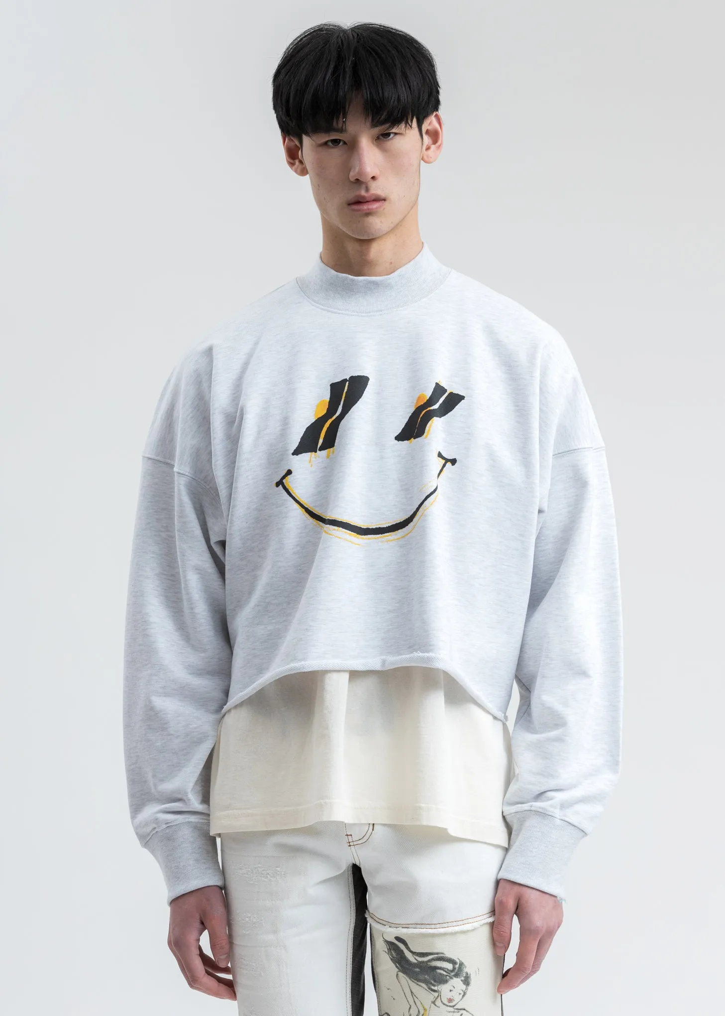 Melange Grey Smiley Raw Edge Sweatshirt