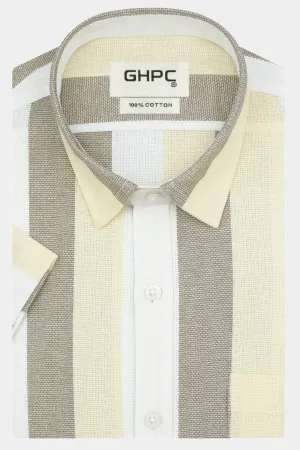 Men's 100% Cotton Striped Half Sleeves Shirt (Beige)