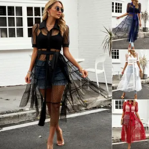 Mesh Perspective A-line Waist-cinched Short-sleeved Dress