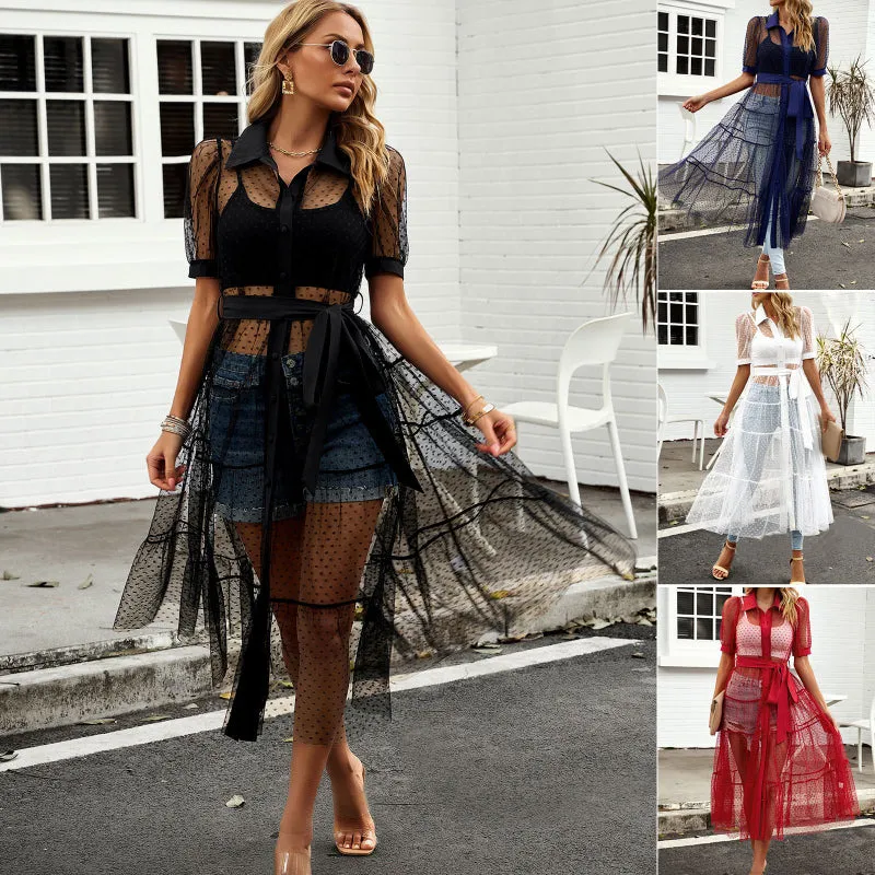 Mesh Perspective A-line Waist-cinched Short-sleeved Dress