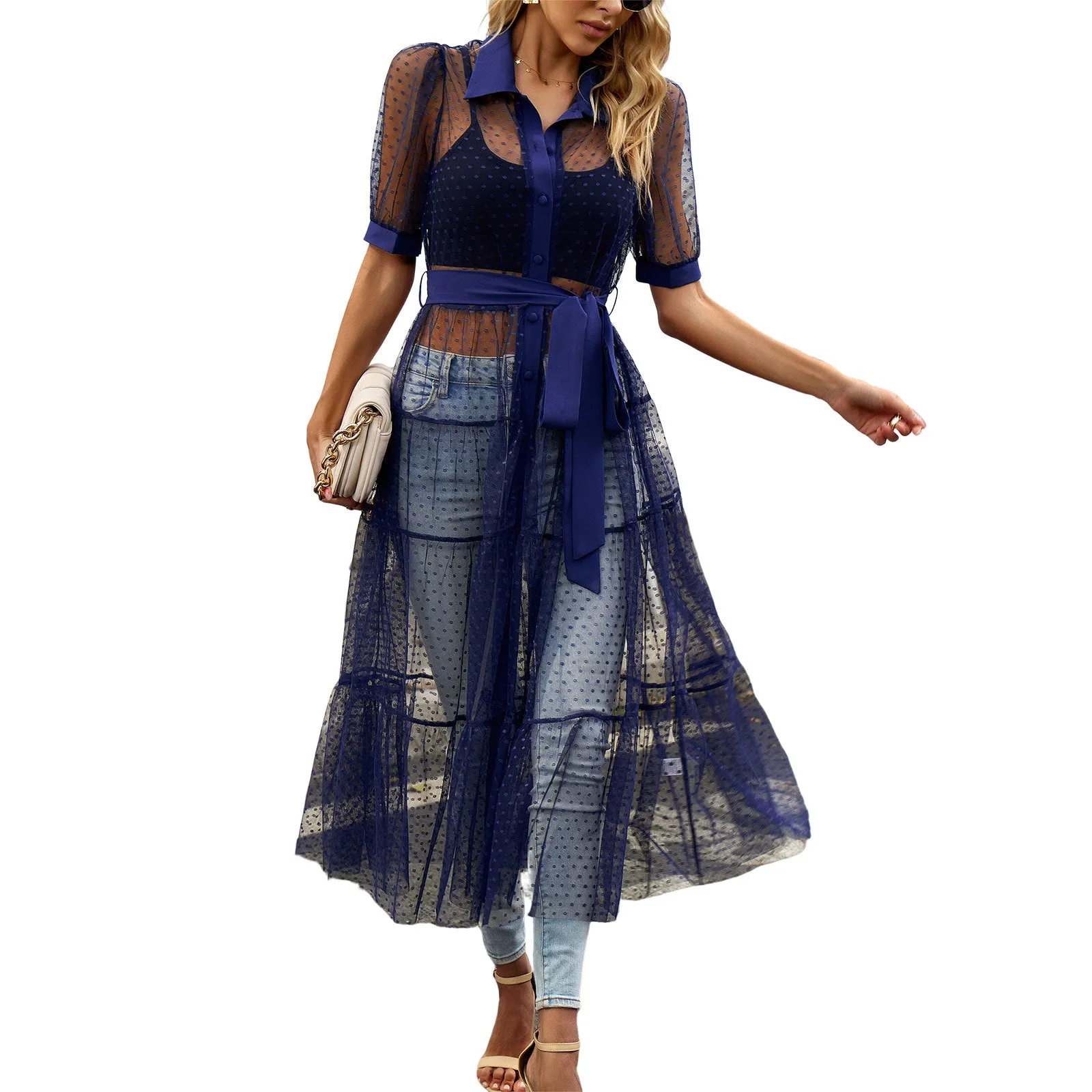 Mesh Perspective A-line Waist-cinched Short-sleeved Dress