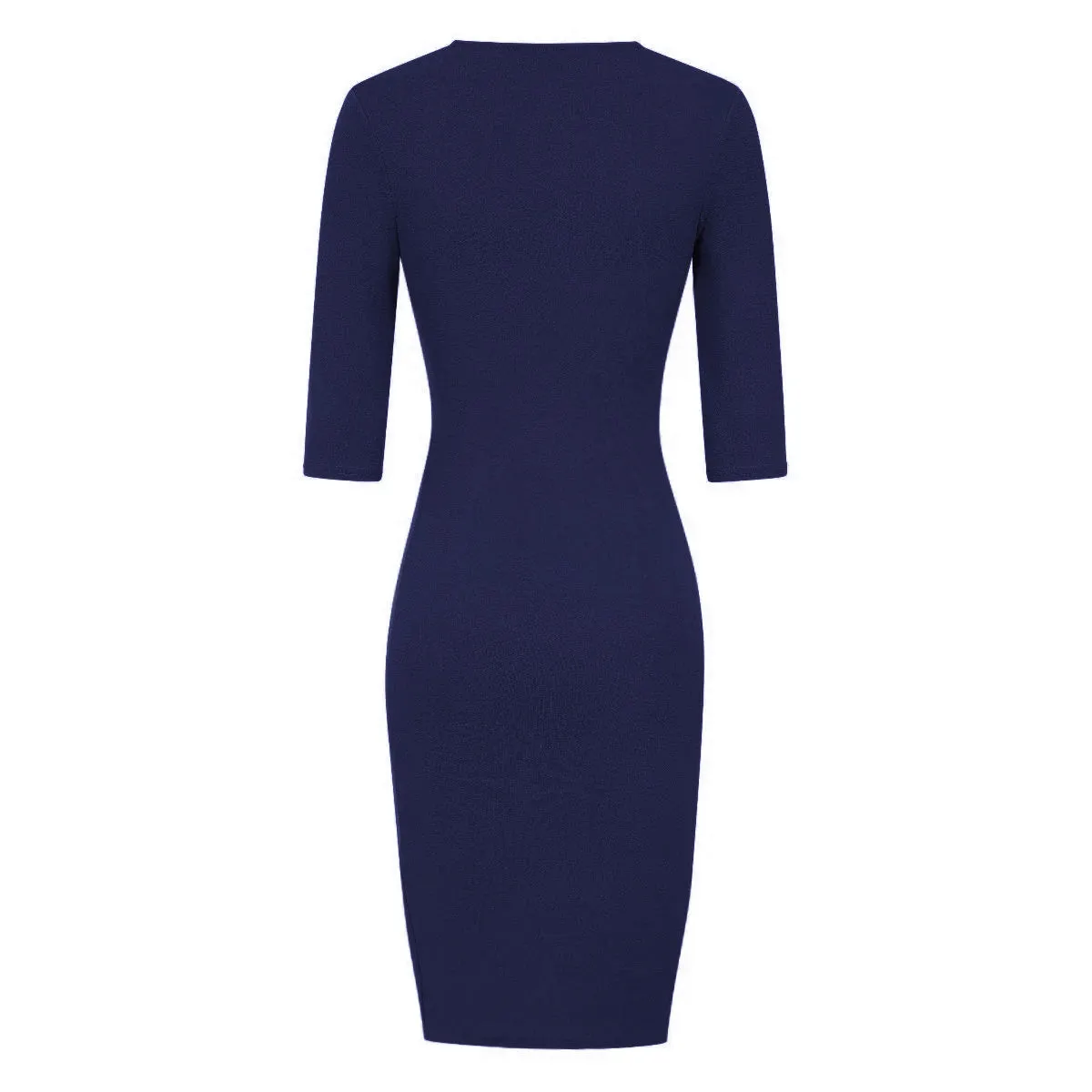Navy 3/4 Sleeve Deep V Neck Ruched Detail Wrap Effect Pencil Dress
