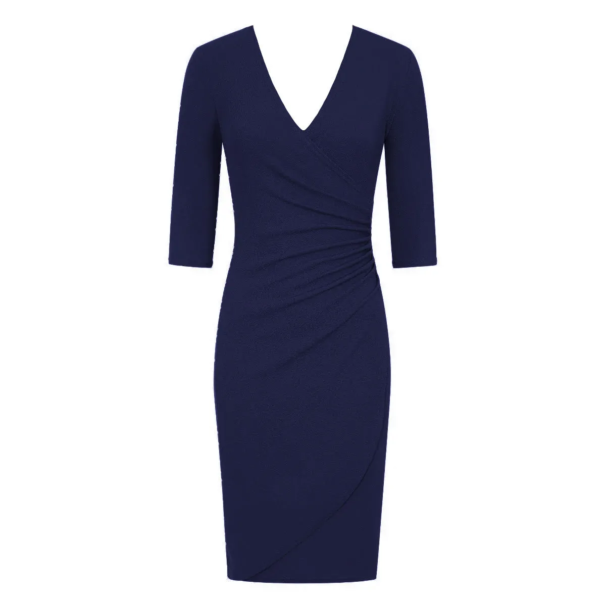 Navy 3/4 Sleeve Deep V Neck Ruched Detail Wrap Effect Pencil Dress
