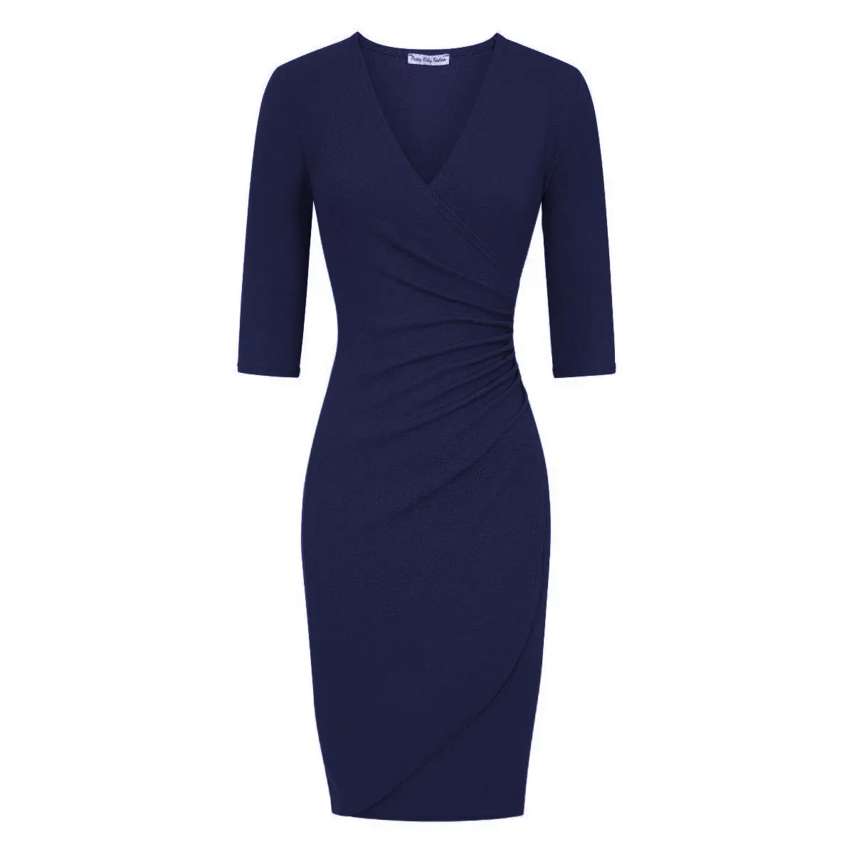 Navy 3/4 Sleeve Deep V Neck Ruched Detail Wrap Effect Pencil Dress