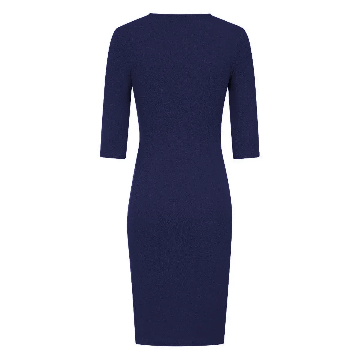 Navy 3/4 Sleeve Deep V Neck Ruched Detail Wrap Effect Pencil Dress