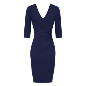Navy 3/4 Sleeve Deep V Neck Ruched Detail Wrap Effect Pencil Dress