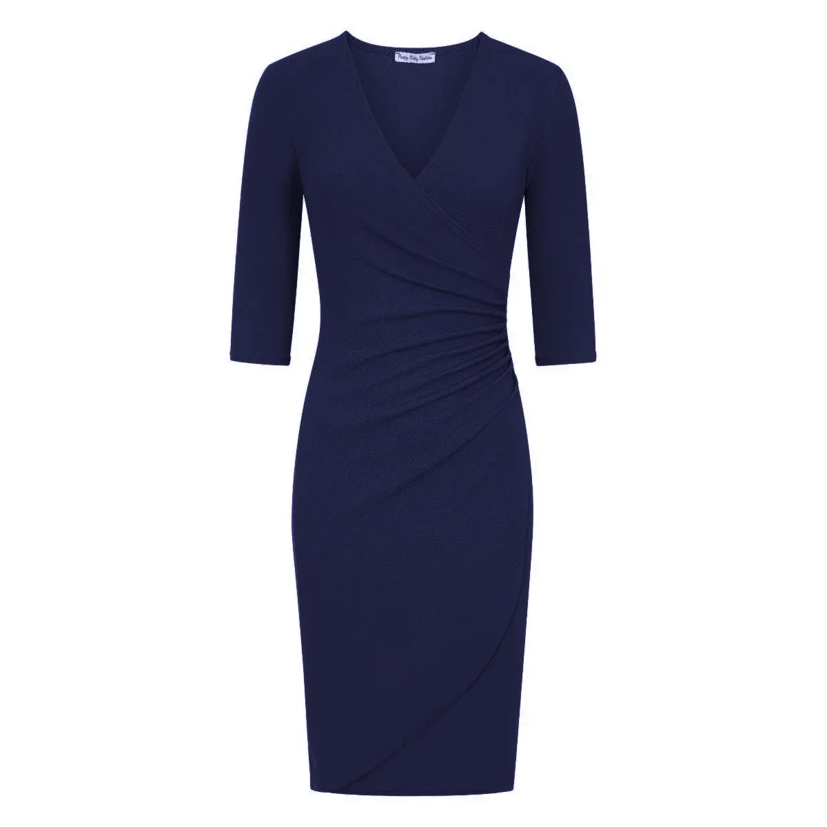 Navy 3/4 Sleeve Deep V Neck Ruched Detail Wrap Effect Pencil Dress