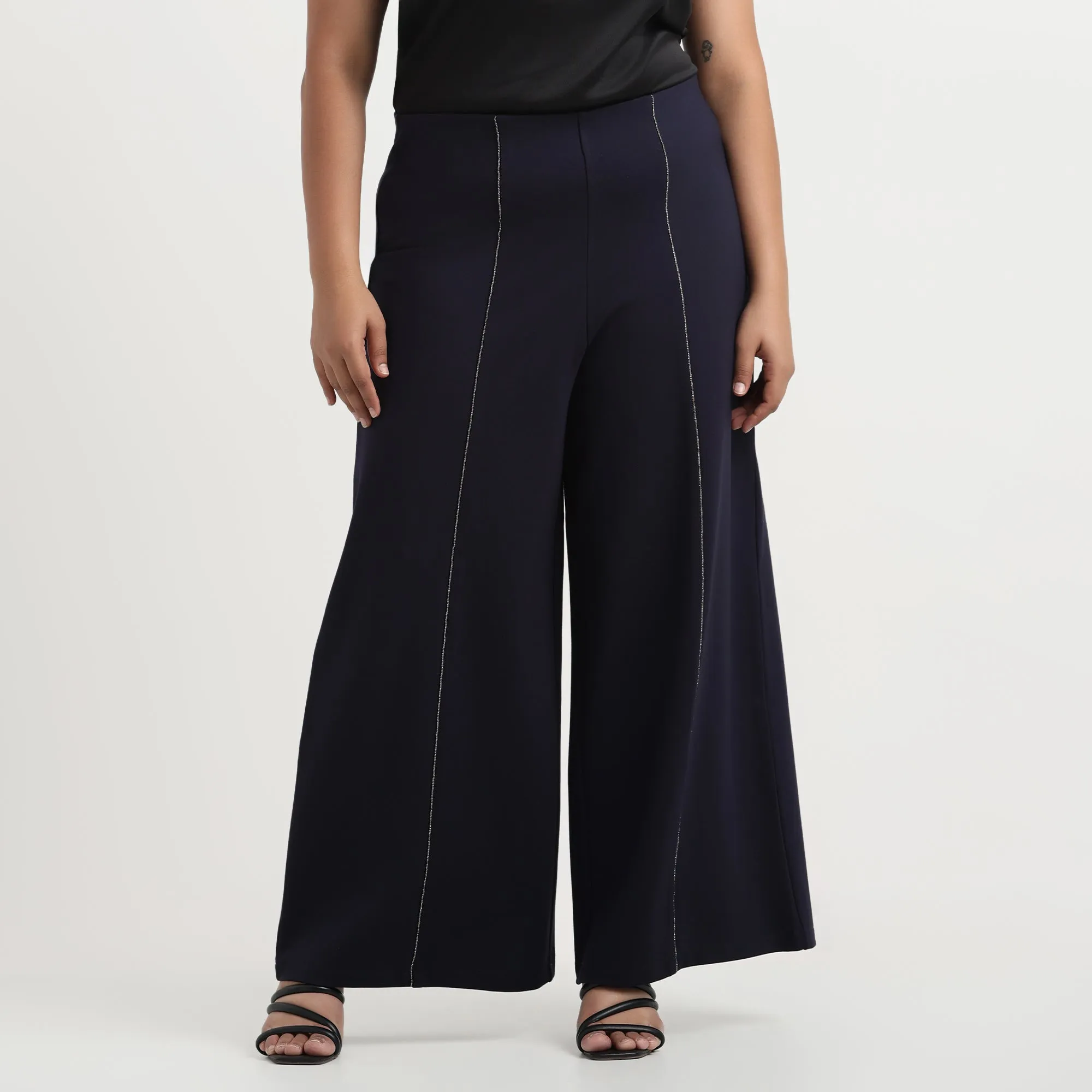 Navy 4-Way Stretch Plus Size Wide-Leg Rhinestone Embellished Trousers