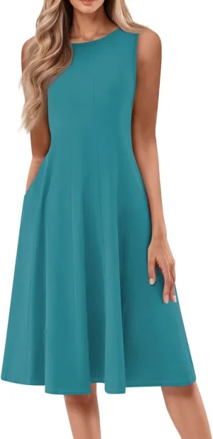 NBXNZWF Summer Dresses for Women 2025 Vacation Round Neck Sleeveless Mid Length Dress Beach Holiday Boho Print Sundresses