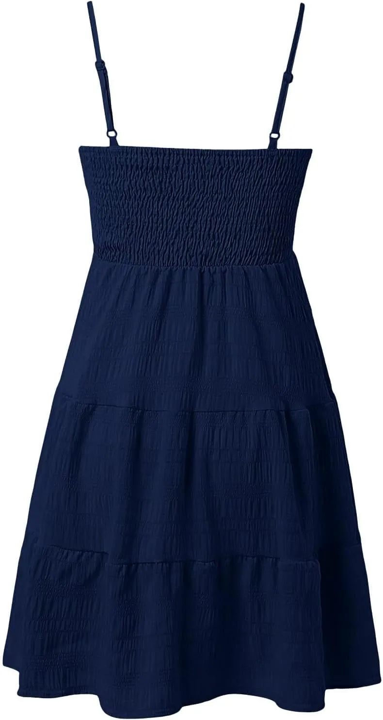 NBXNZWF Women Summer Dresses Square Neck Spaghetti Strap Dress Casual Sleeveless Ruched Bust A Line Tiered Beach Sundress