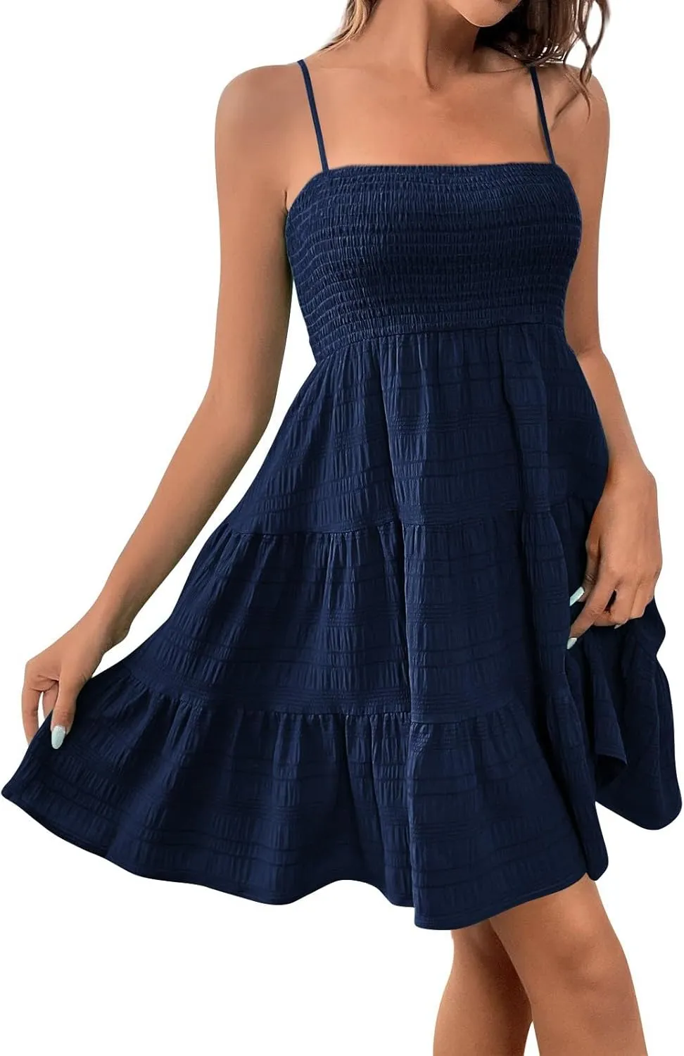 NBXNZWF Women Summer Dresses Square Neck Spaghetti Strap Dress Casual Sleeveless Ruched Bust A Line Tiered Beach Sundress