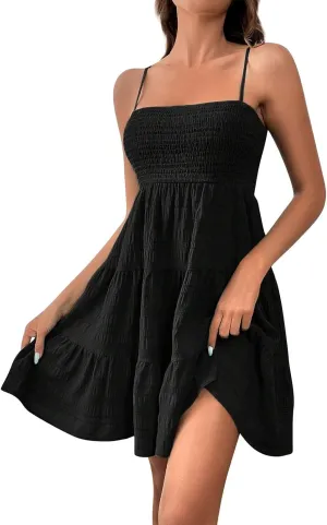 NBXNZWF Women Summer Dresses Square Neck Spaghetti Strap Dress Casual Sleeveless Ruched Bust A Line Tiered Beach Sundress