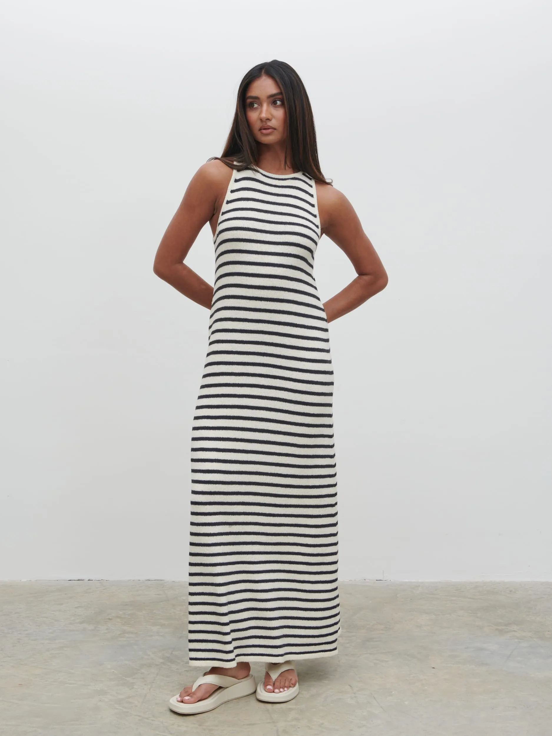 Ocean Stripe Knit Midaxi Dress - Cream and Navy