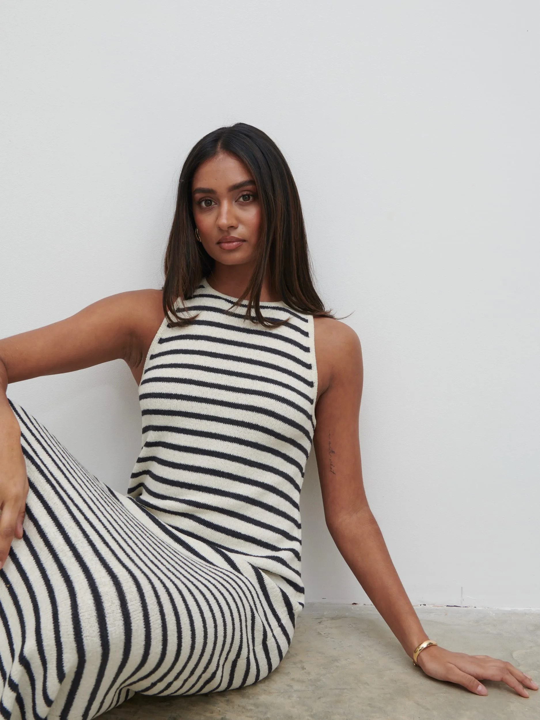 Ocean Stripe Knit Midaxi Dress - Cream and Navy