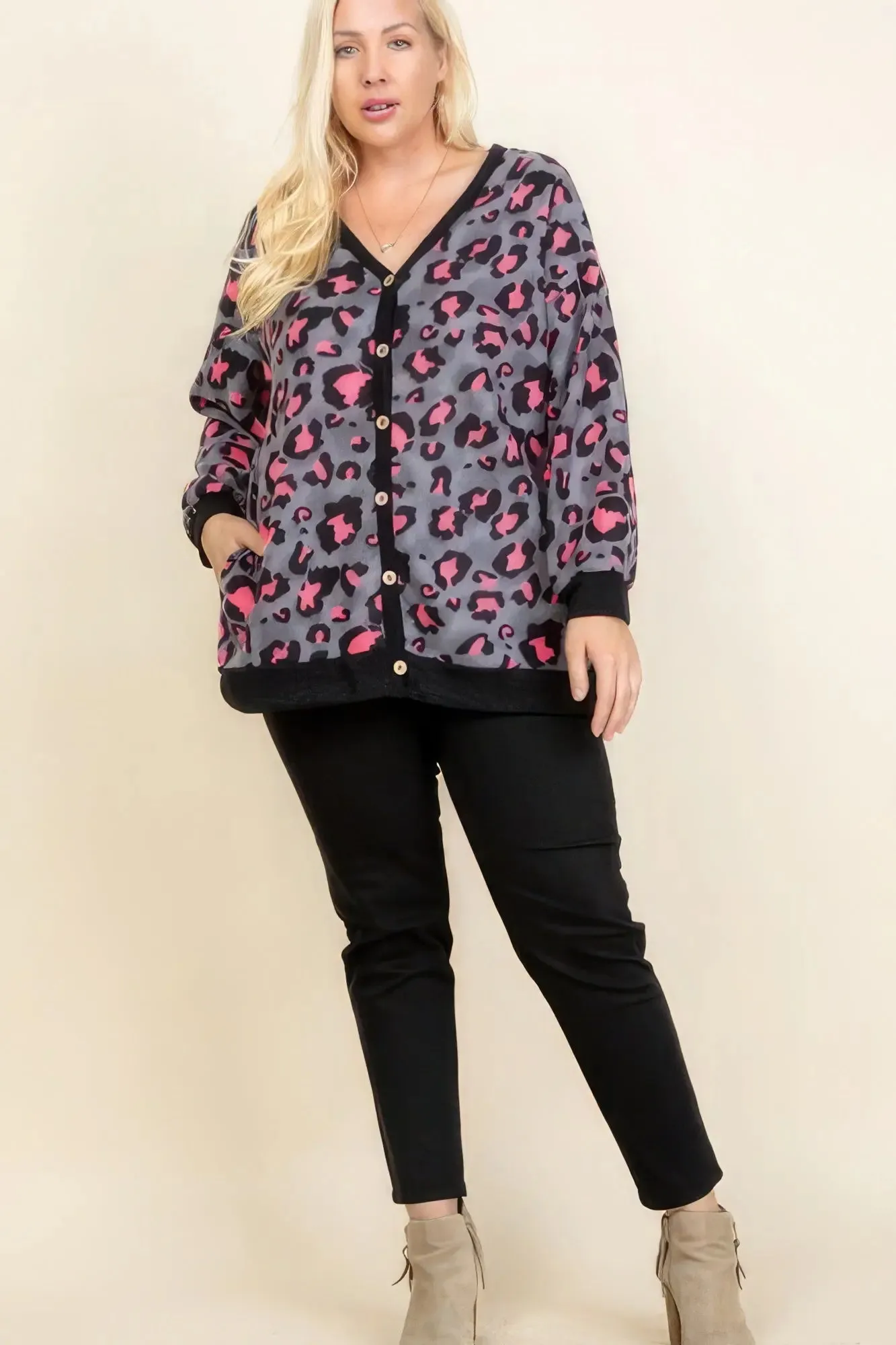 Plus Size Cozy Animal Mir Print Button-Up Cardigan  Grey & Neon Pink