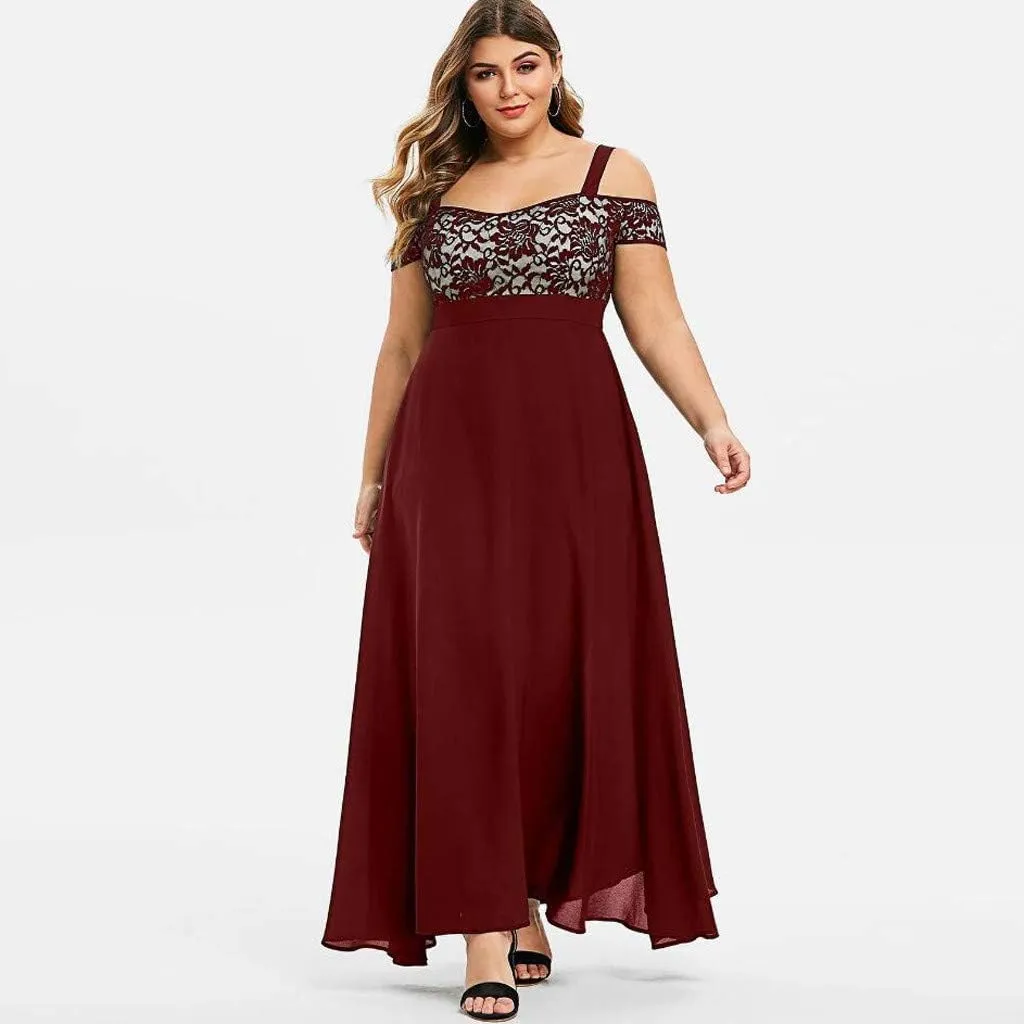 Plus Size Dress for Women Sexy Cami Evening Cocktail Party Gown Fashion Cold Shoulder Lace Dress A Line Flowy Dress