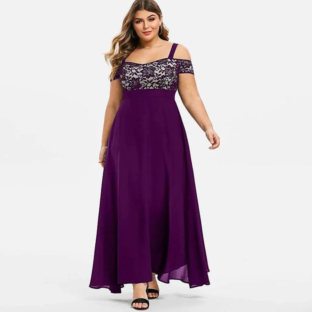 Plus Size Dress for Women Sexy Cami Evening Cocktail Party Gown Fashion Cold Shoulder Lace Dress A Line Flowy Dress