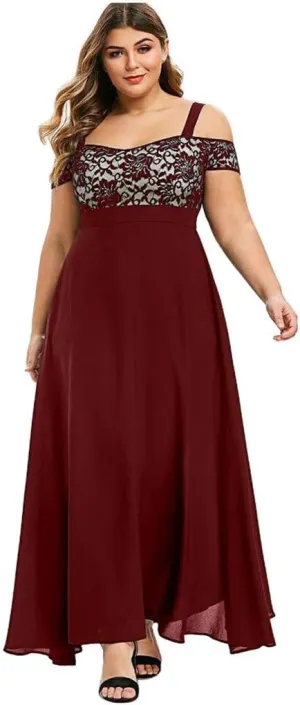 Plus Size Dress for Women Sexy Cami Evening Cocktail Party Gown Fashion Cold Shoulder Lace Dress A Line Flowy Dress