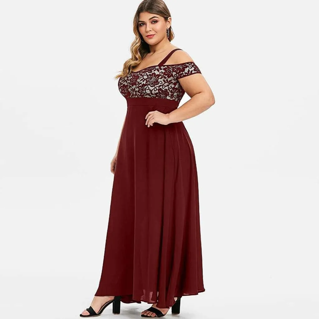 Plus Size Dress for Women Sexy Cami Evening Cocktail Party Gown Fashion Cold Shoulder Lace Dress A Line Flowy Dress