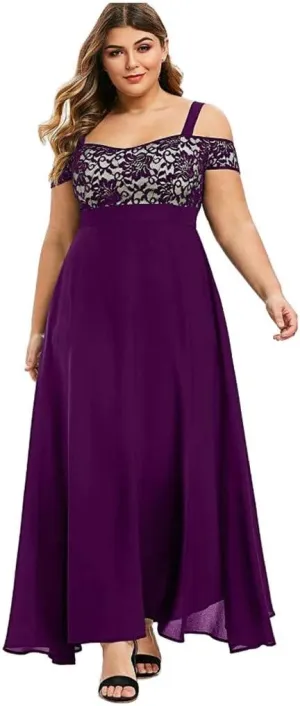 Plus Size Dress for Women Sexy Cami Evening Cocktail Party Gown Fashion Cold Shoulder Lace Dress A Line Flowy Dress
