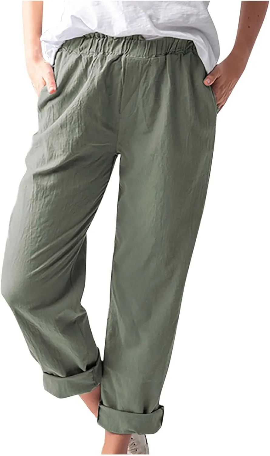 Relaxed Linen Joggers Women's Elastic Waist Wide Leg Straight Pants Summer Outdoor Loose Fit Capris Yoga Trousers