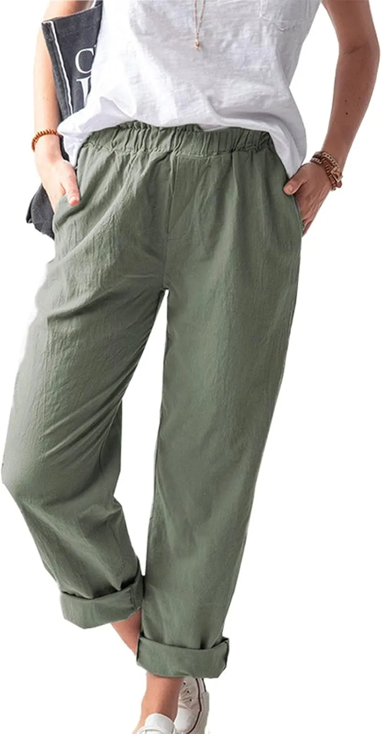 Relaxed Linen Joggers Women's Elastic Waist Wide Leg Straight Pants Summer Outdoor Loose Fit Capris Yoga Trousers