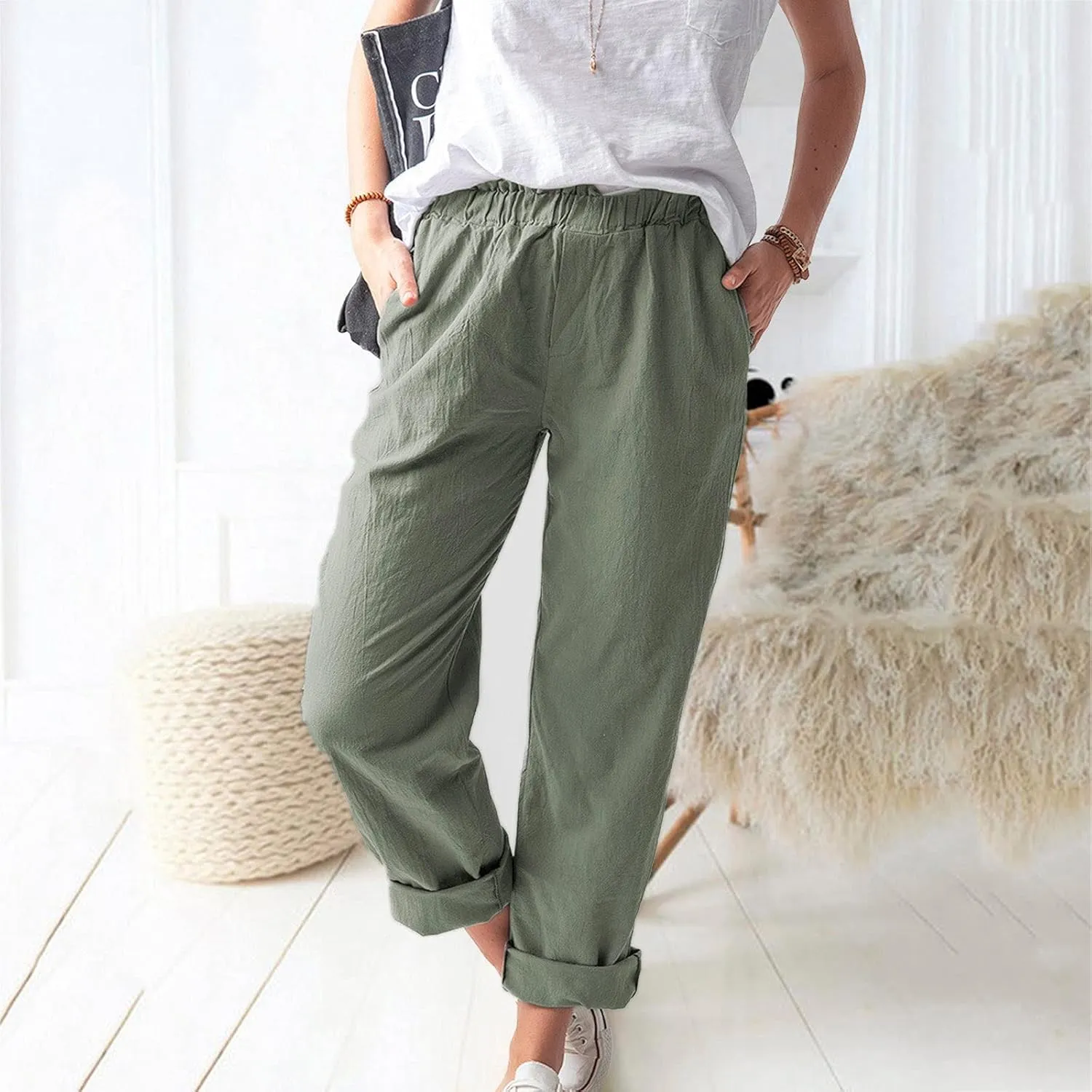 Relaxed Linen Joggers Women's Elastic Waist Wide Leg Straight Pants Summer Outdoor Loose Fit Capris Yoga Trousers