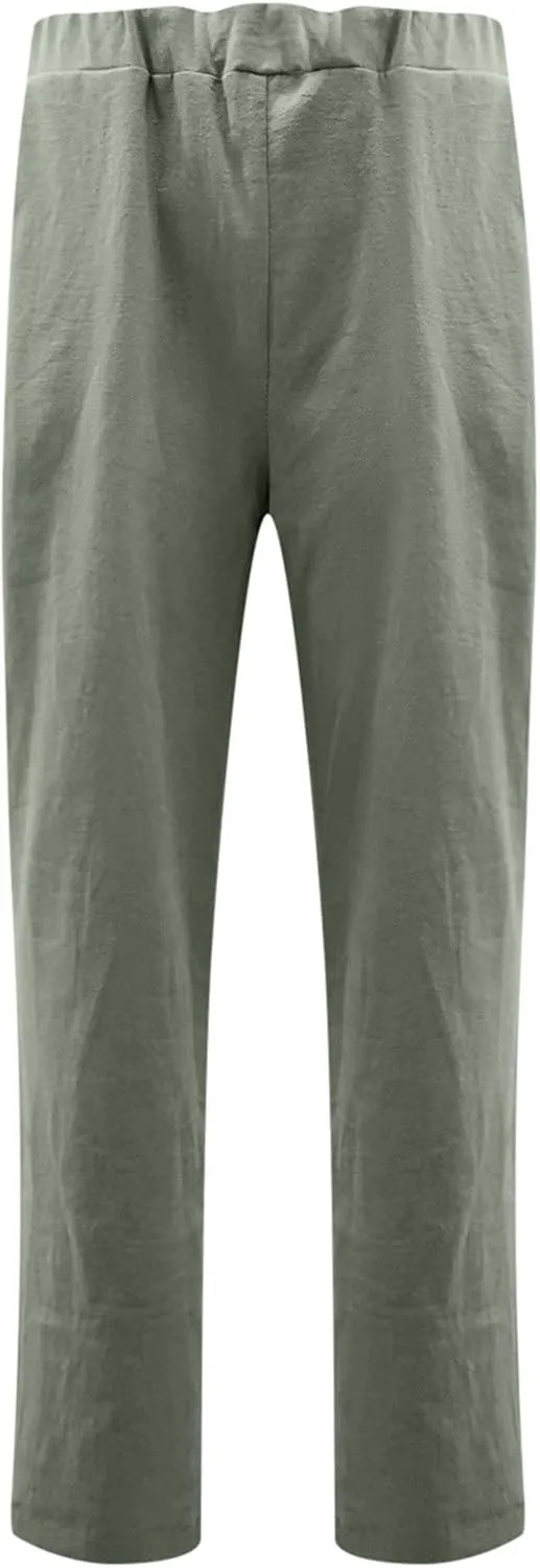 Relaxed Linen Joggers Women's Elastic Waist Wide Leg Straight Pants Summer Outdoor Loose Fit Capris Yoga Trousers