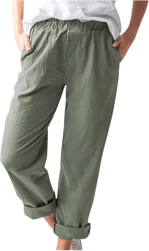 Relaxed Linen Joggers Women's Elastic Waist Wide Leg Straight Pants Summer Outdoor Loose Fit Capris Yoga Trousers