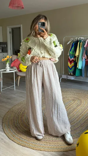 Stripe Elasticated Waist Trousers In Beige