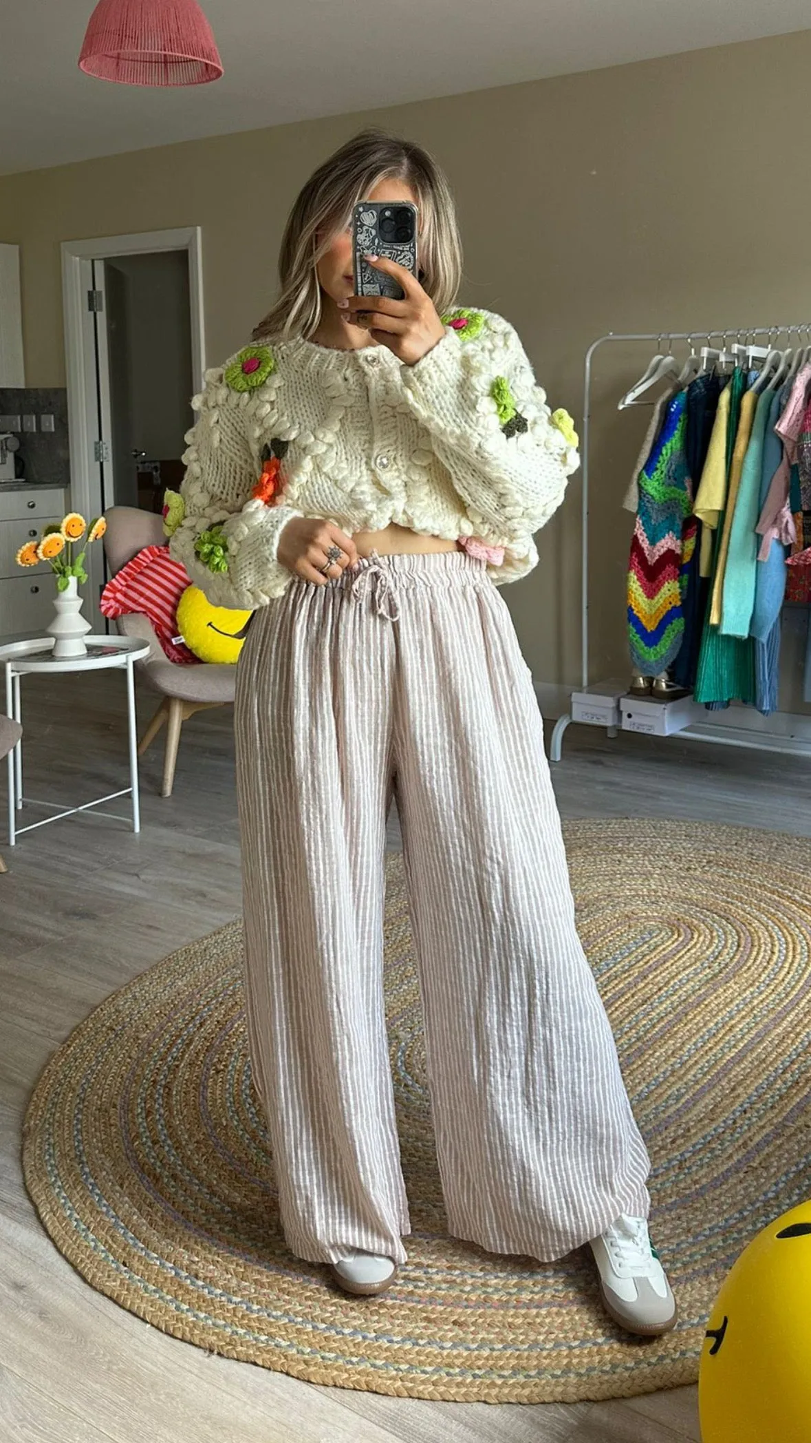 Stripe Elasticated Waist Trousers In Beige