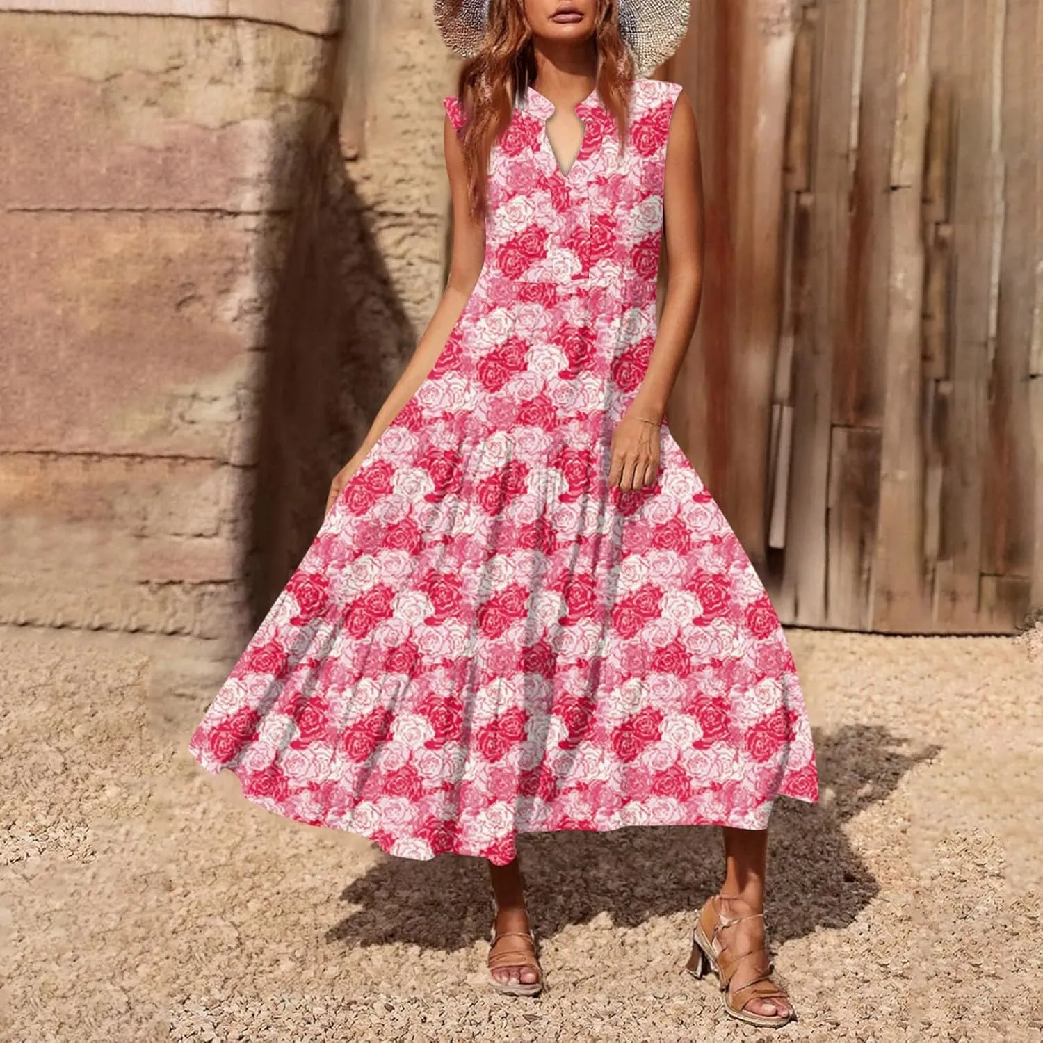 Summer Dresses for Women 2025 Casual Midi Maxi Dresses Lightweight V Neck Elastic Waist Boho Beach Dress