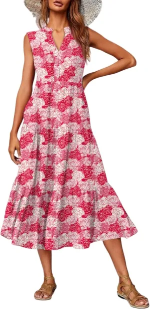 Summer Dresses for Women 2025 Casual Midi Maxi Dresses Lightweight V Neck Elastic Waist Boho Beach Dress