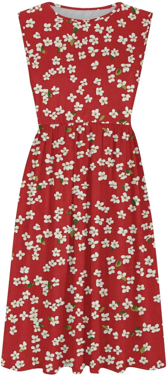Summer Dresses for Women Casual A-Line Flowy Sleeveless Midi Dress Vintage Floral Print Pleated Beach Sundress 2025