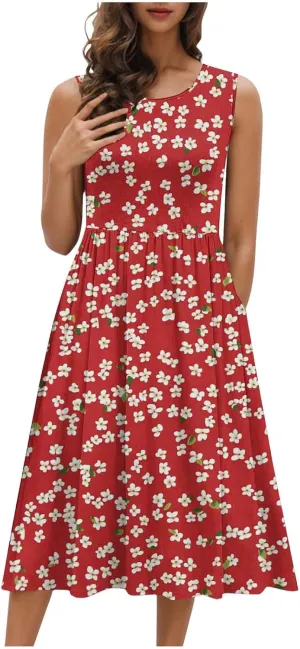 Summer Dresses for Women Casual A-Line Flowy Sleeveless Midi Dress Vintage Floral Print Pleated Beach Sundress 2025